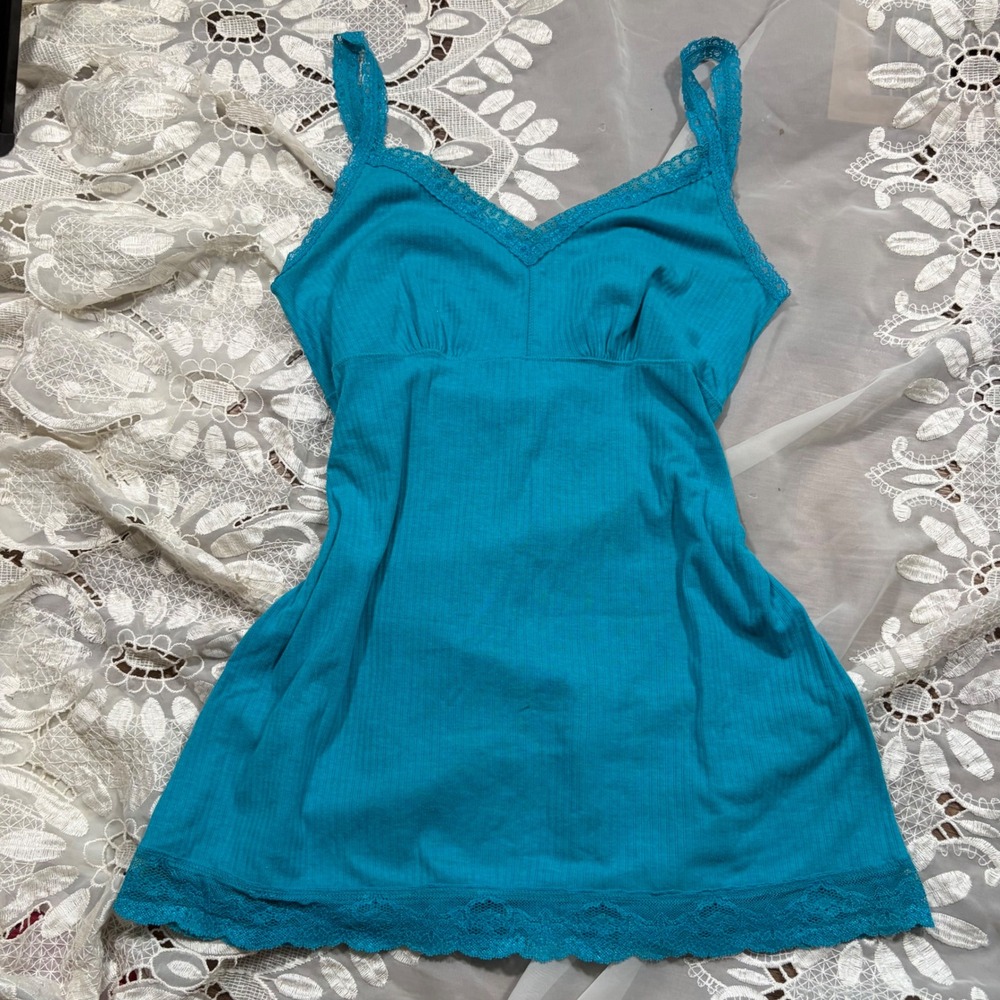 Y2K Babydoll Teal Blue Ribbed Lace Trim Empire Waist Cami Tank Top Women Large